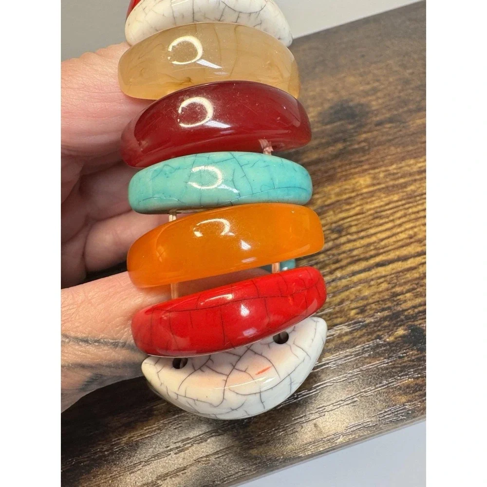 VTG Multicolored Lucite‎ Panel Stretch Bracelet Western Boho Chunky Statement